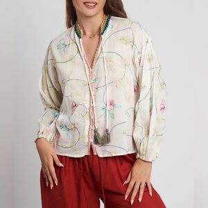 Zara Embroidered Tassel Tie Ivory Peasant Blouse L